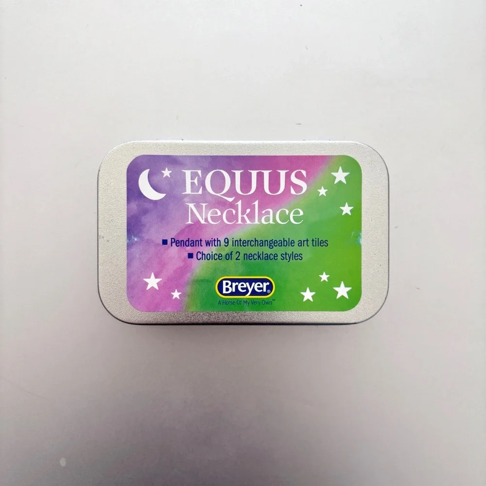 Breyer Equus 9 horse art tiles silver tone necklace in metal tin